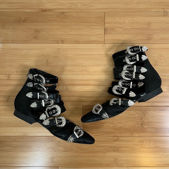 Jeffrey Campbell Psych Multi Buckle Flat Ankle Boots Western Black Suede - 6 - Picture 5 of 16